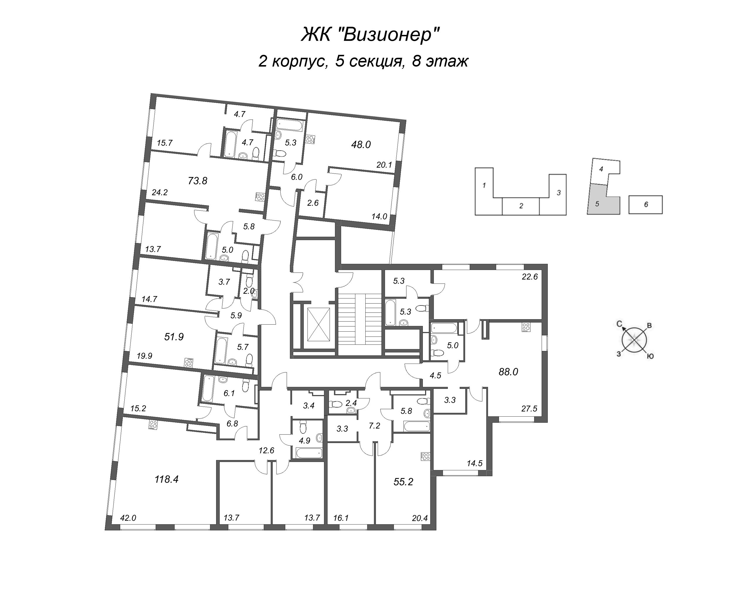 2-комнатная (Евро) квартира, 48 м² в ЖК "Визионер" - планировка этажа