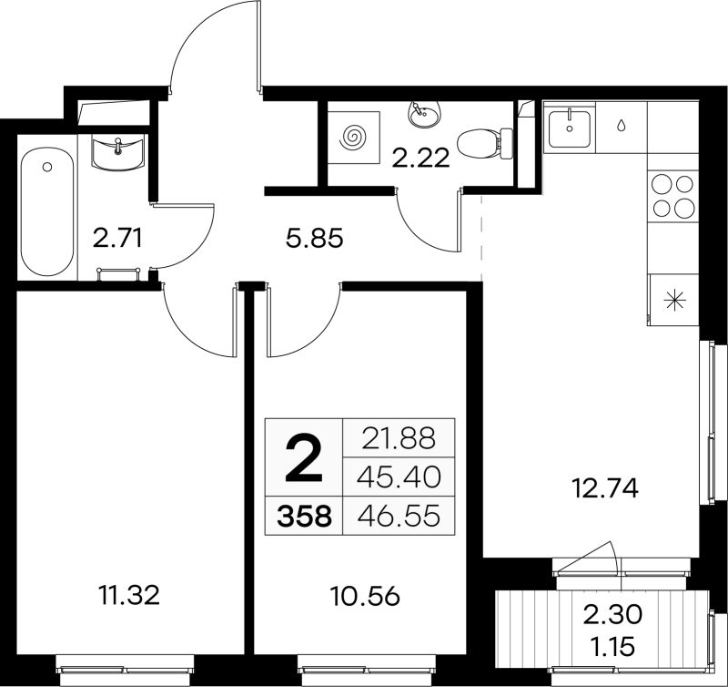 2-комнатная квартира, 46.55 м² в ЖК "GloraX Новоселье" - планировка, фото №1