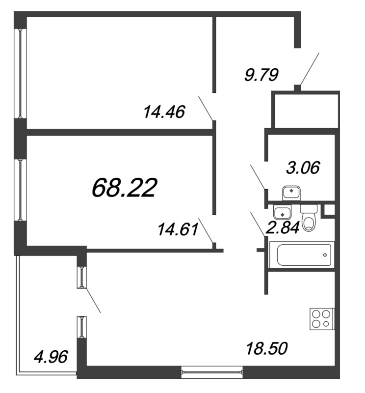 3-комнатная (Евро) квартира, 68.22 м² - планировка, фото №1