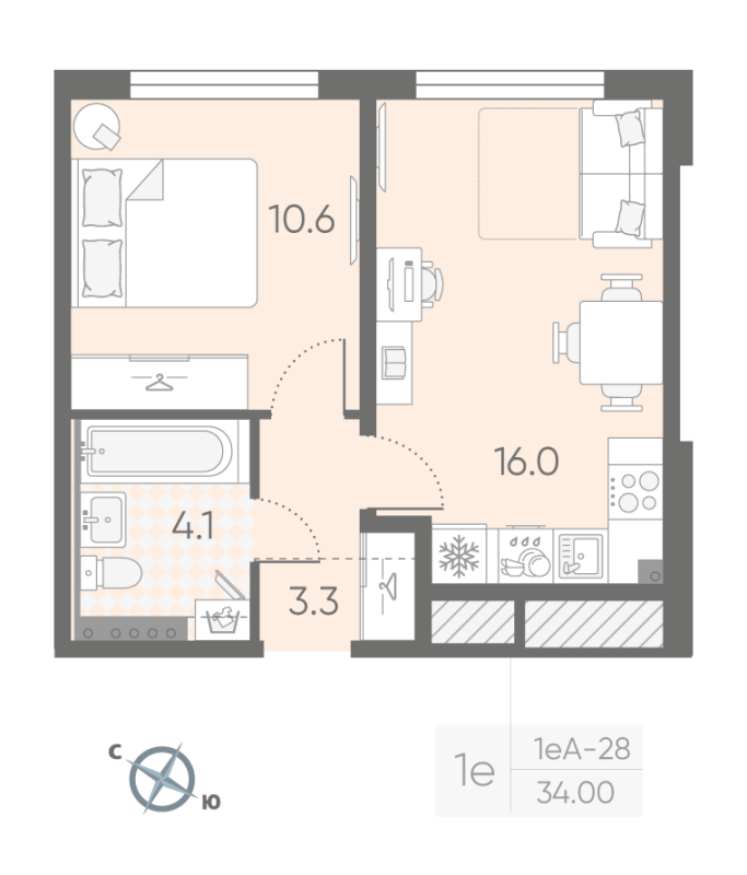 2-комнатная (Евро) квартира, 34 м² - планировка, фото №1