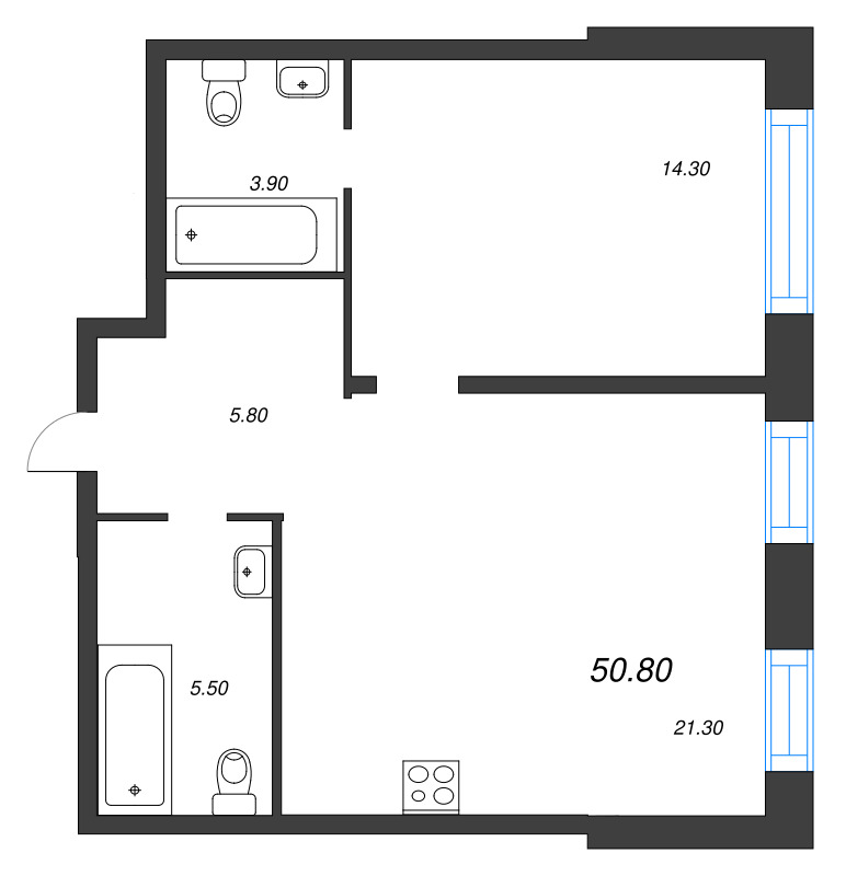 2-комнатная (Евро) квартира, 50.8 м² - планировка, фото №1