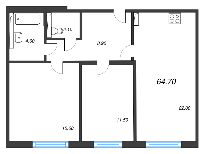 3-комнатная (Евро) квартира, 64.7 м² в ЖК "Руднева 15" - планировка, фото №1