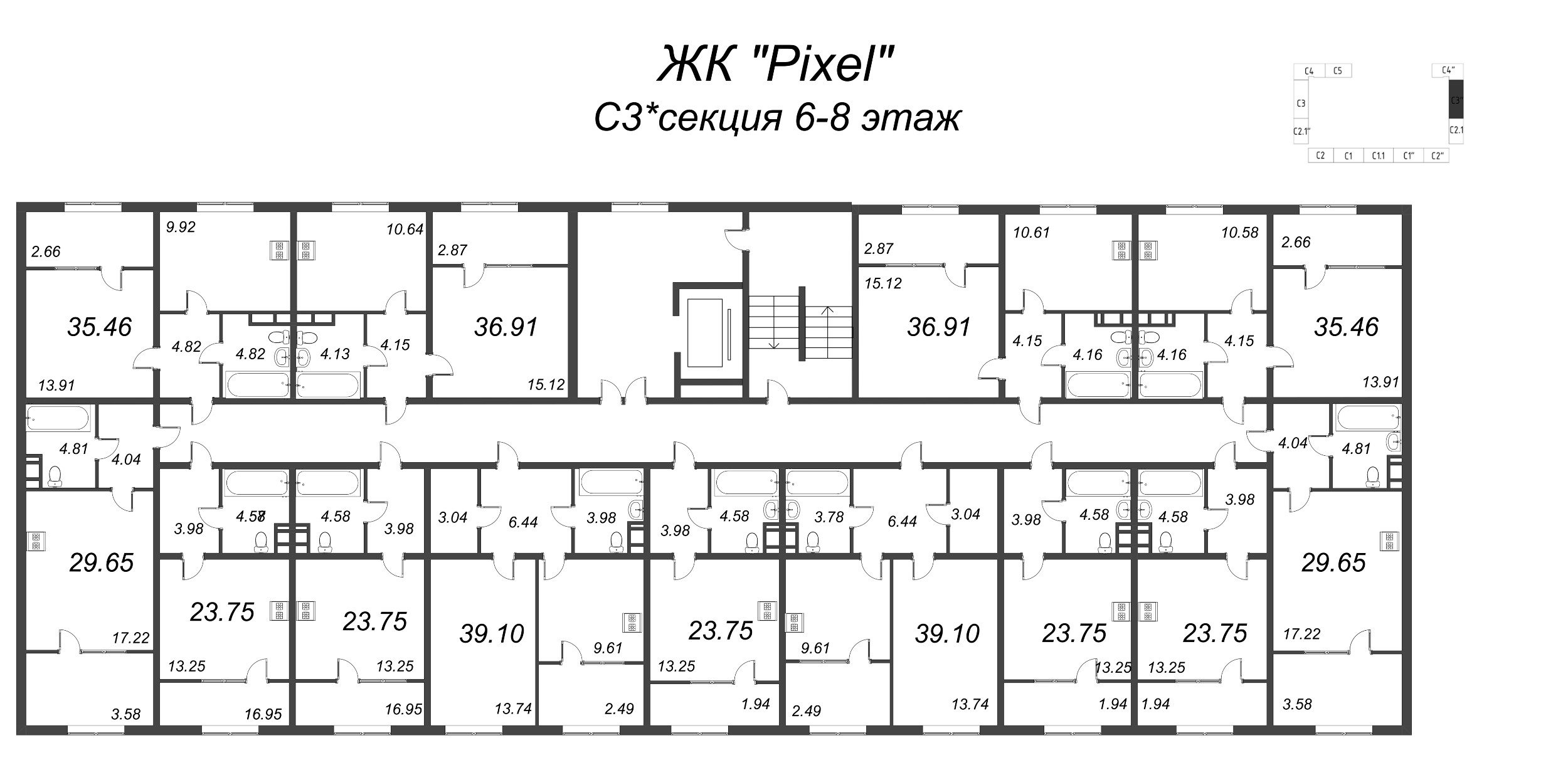 1-комнатная квартира, 38.09 м² в ЖК "Pixel" - планировка этажа