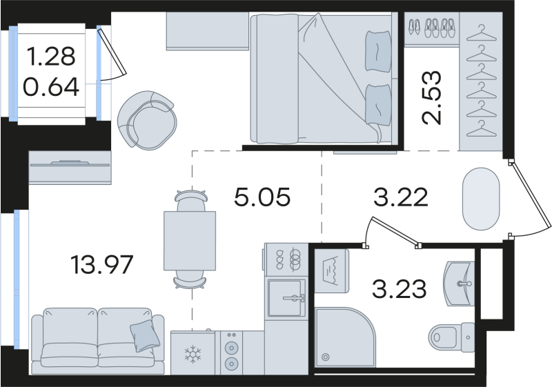 Квартира-студия, 28.64 м² - планировка, фото №1