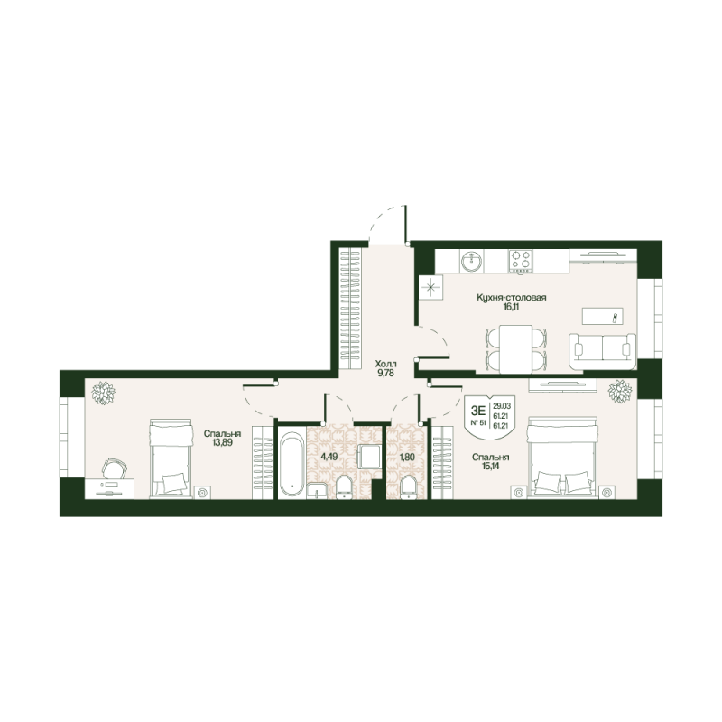 3-комнатная (Евро) квартира, 61.21 м² в ЖК "Охтинские высоты" - планировка, фото №1