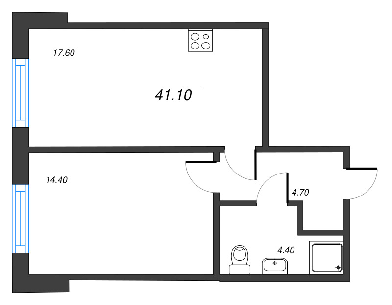 2-комнатная (Евро) квартира, 41.1 м² - планировка, фото №1