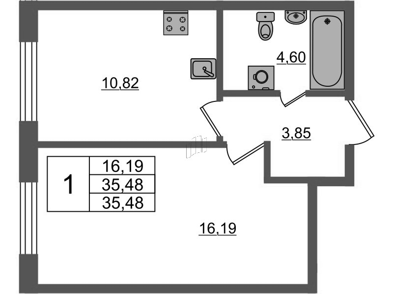 1-комнатная квартира, 35.48 м² в ЖК "Аквилон Янино" - планировка, фото №1