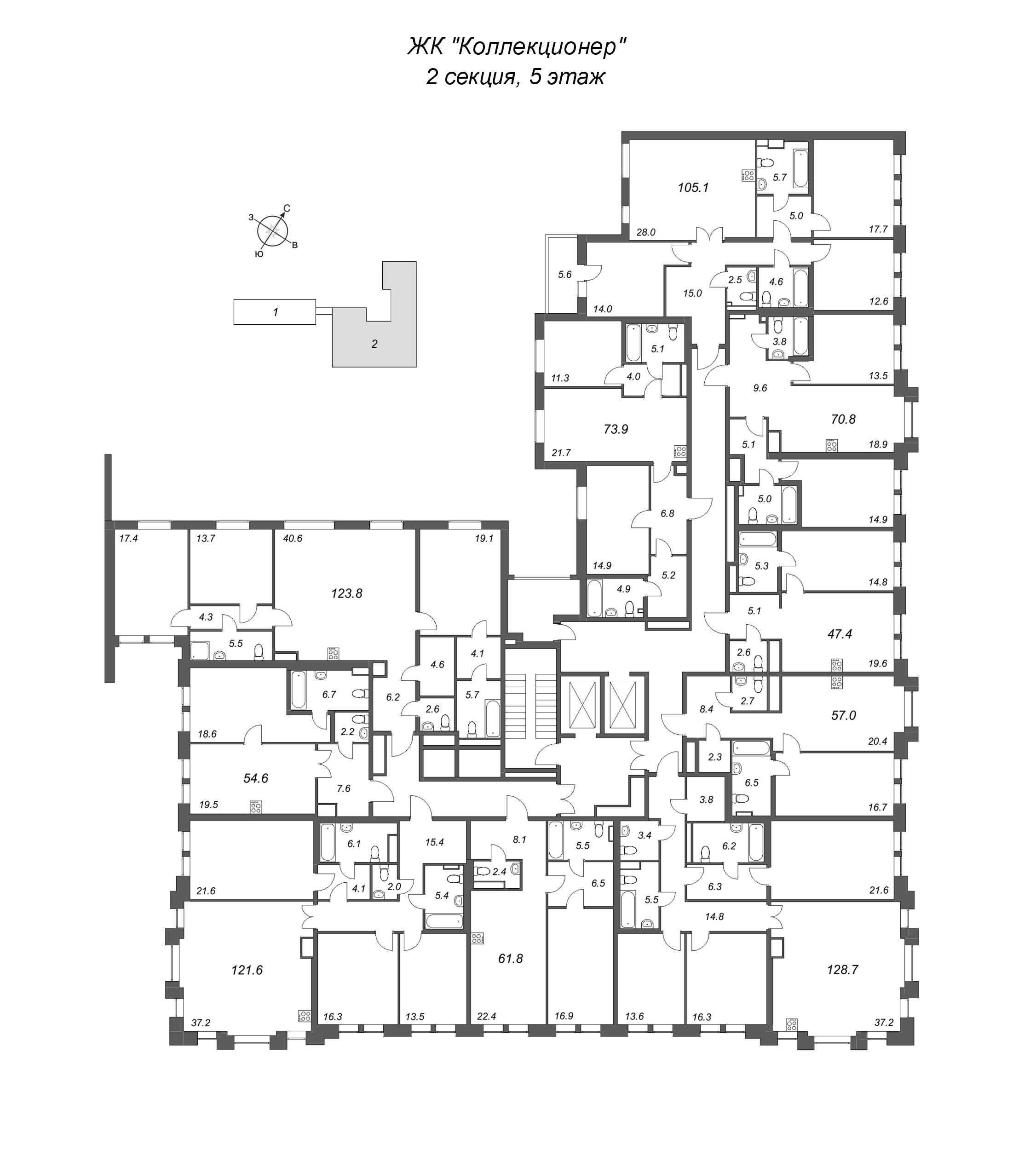 2-комнатная (Евро) квартира, 47.4 м² в ЖК "Коллекционер" - планировка этажа