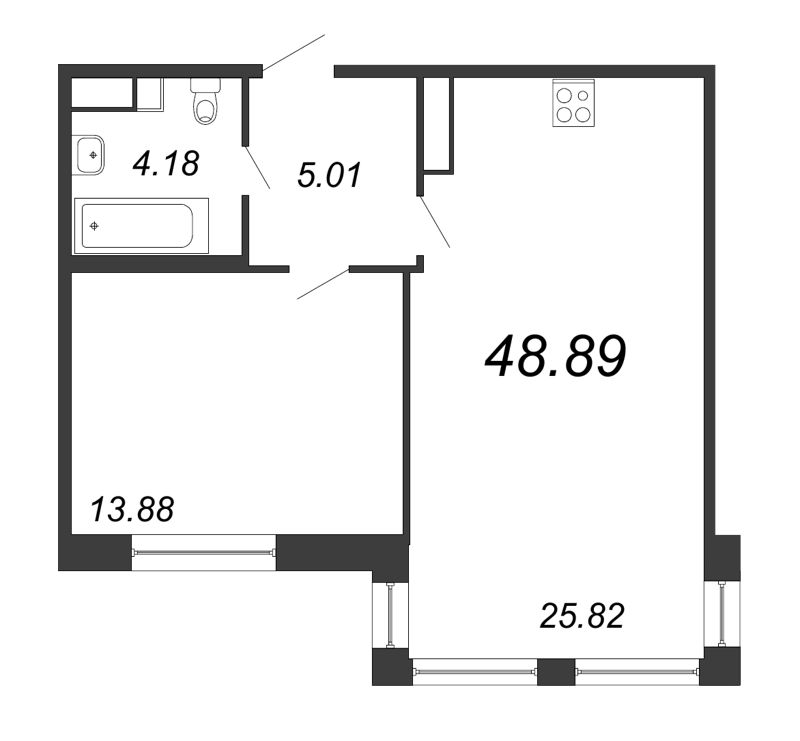 2-комнатная (Евро) квартира, 48.89 м² - планировка, фото №1