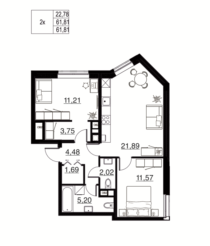 3-комнатная (Евро) квартира, 61.81 м² в ЖК "Соло. Петергоф" - планировка, фото №1