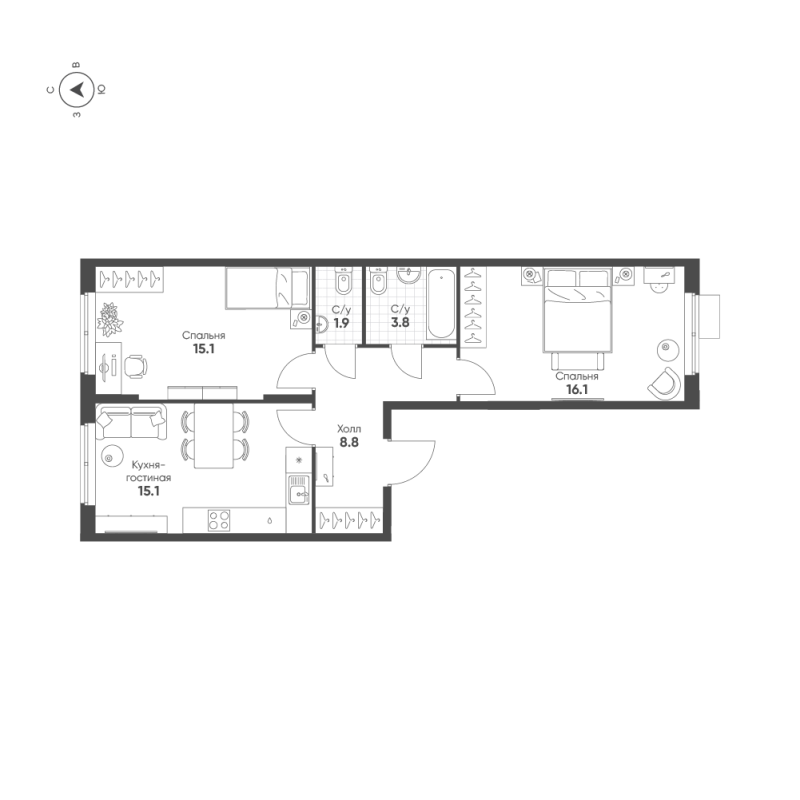 3-комнатная (Евро) квартира, 60.8 м² в ЖК "Ягодное Река Парк" - планировка, фото №1
