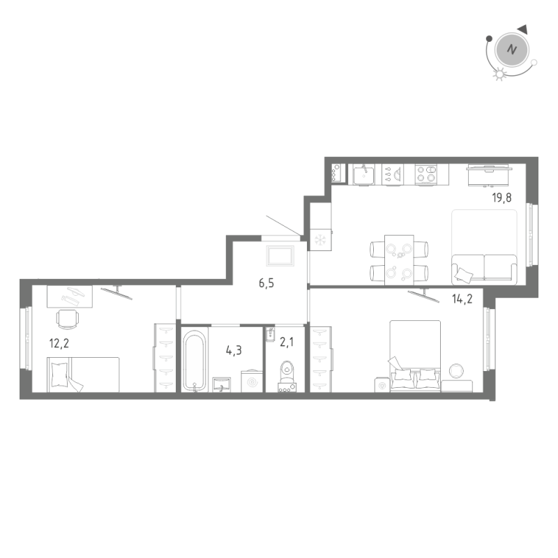 3-комнатная (Евро) квартира, 59.1 м² в ЖК "Клюква.Парк" - планировка, фото №1