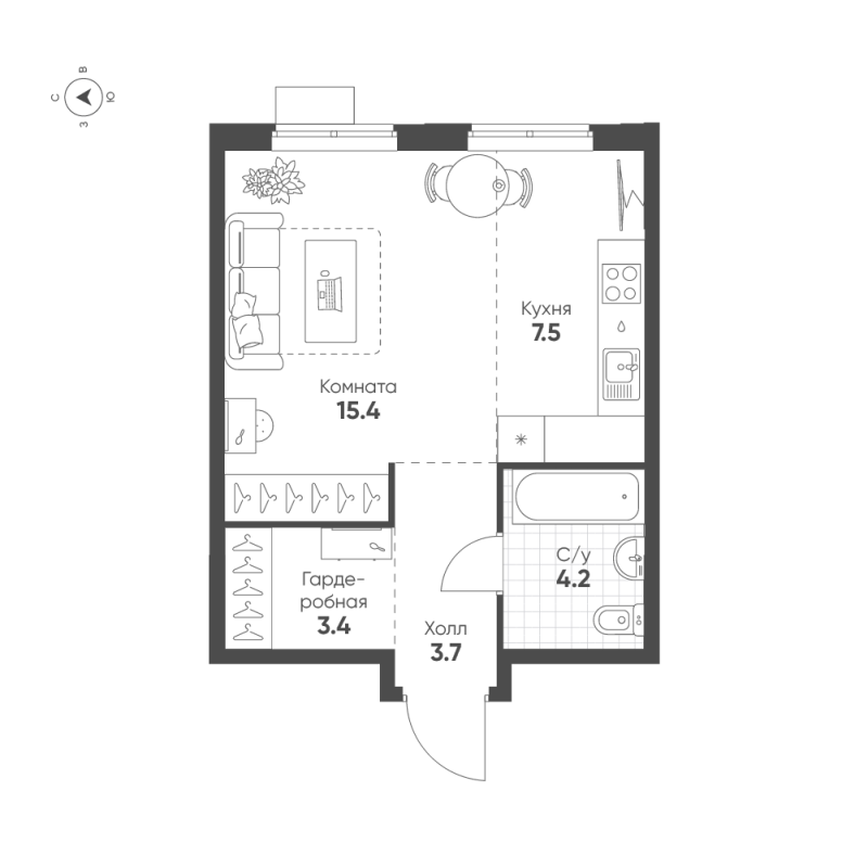 Квартира-студия, 34.2 м² - планировка, фото №1