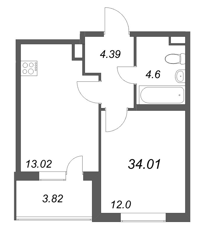 1-комнатная квартира, 34.01 м² в ЖК "ЮгТаун" - планировка, фото №1