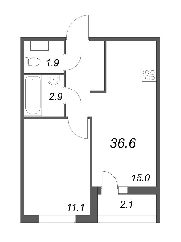 2-комнатная (Евро) квартира, 36.6 м² - планировка, фото №1