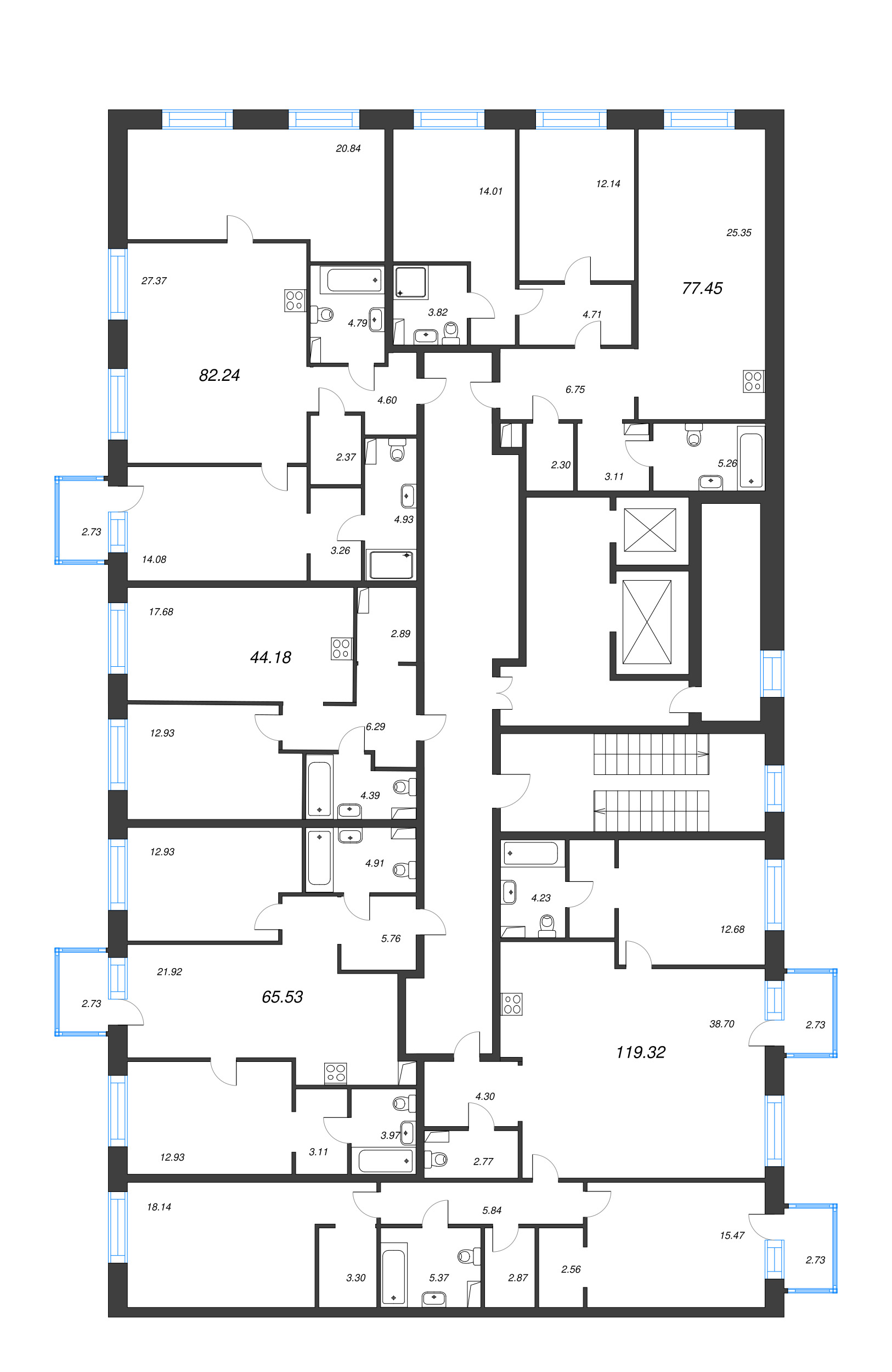 2-комнатная (Евро) квартира, 44.18 м² в ЖК "Остров Первых" - планировка этажа