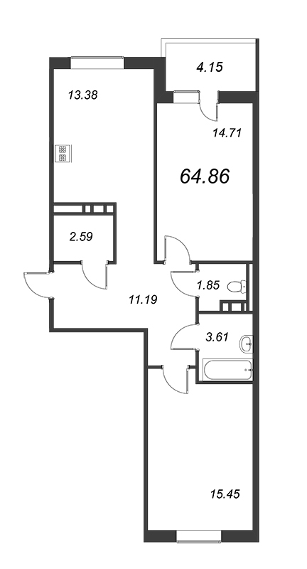 2-комнатная квартира, 62.78 м² - планировка, фото №1