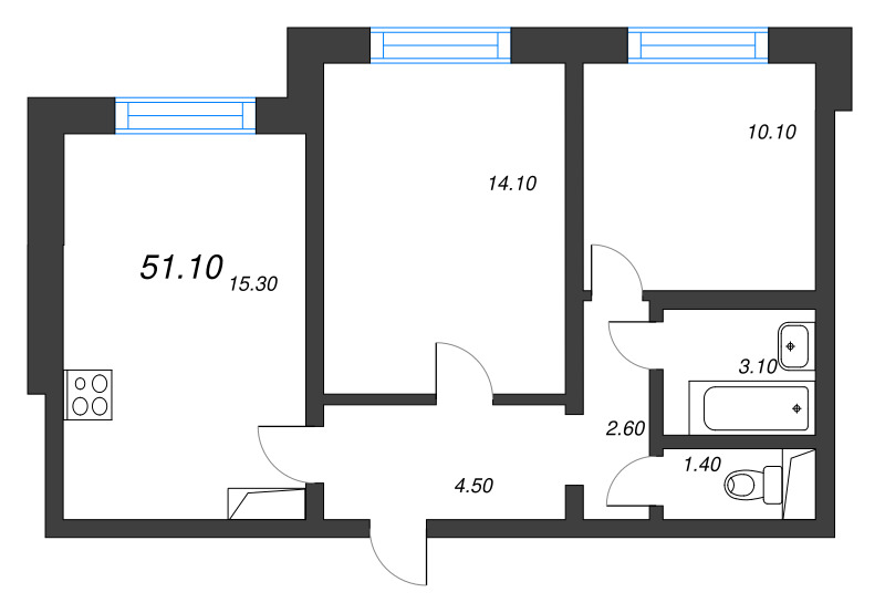 3-комнатная (Евро) квартира, 51.1 м² - планировка, фото №1