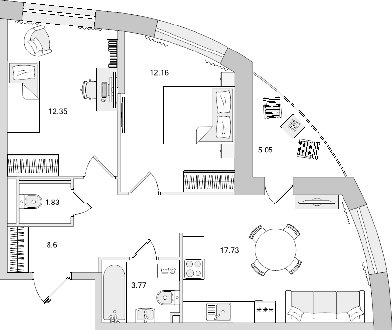 3-комнатная (Евро) квартира, 52.85 м² - планировка, фото №1