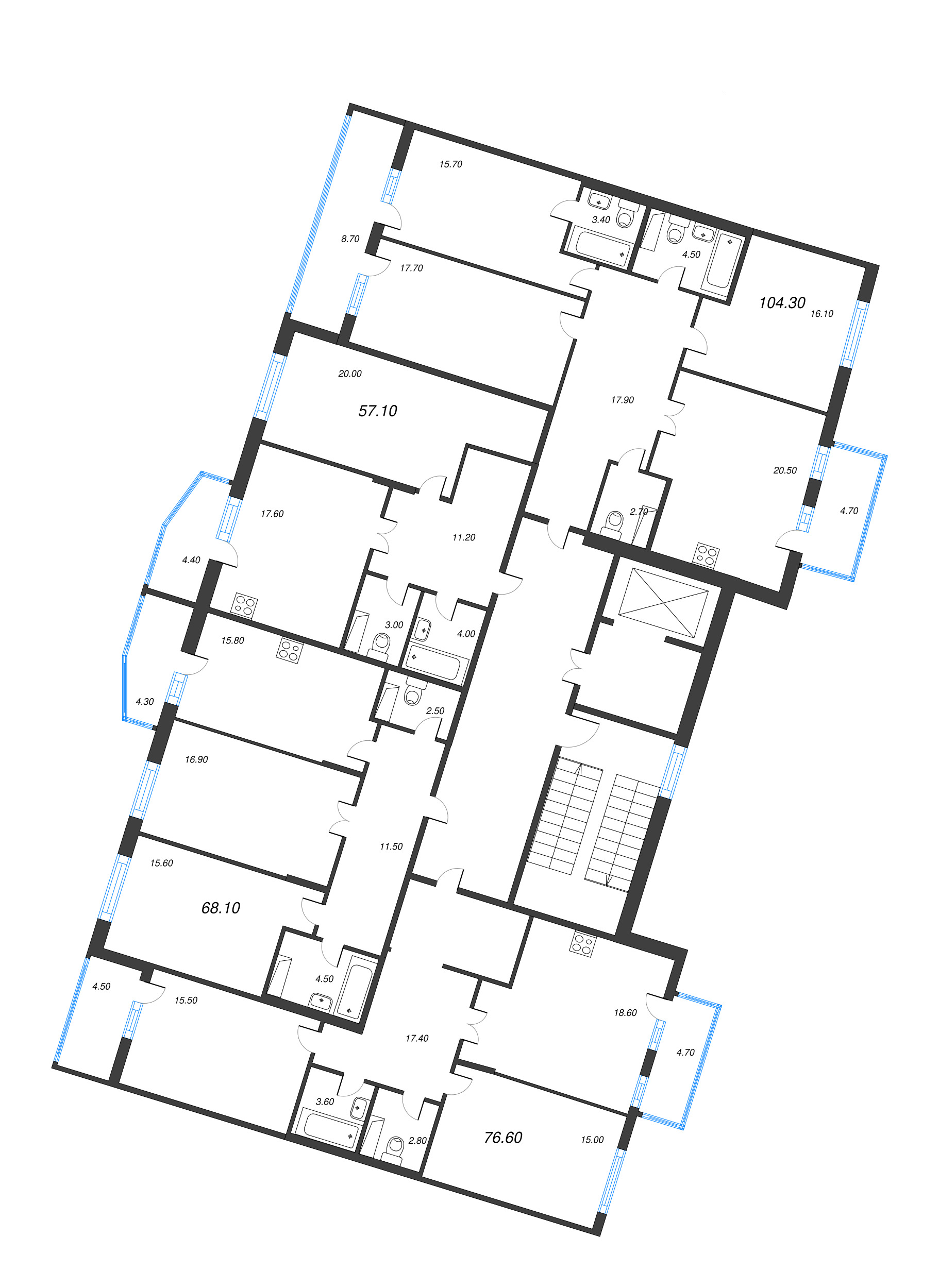 3-комнатная квартира, 104.3 м² - планировка этажа