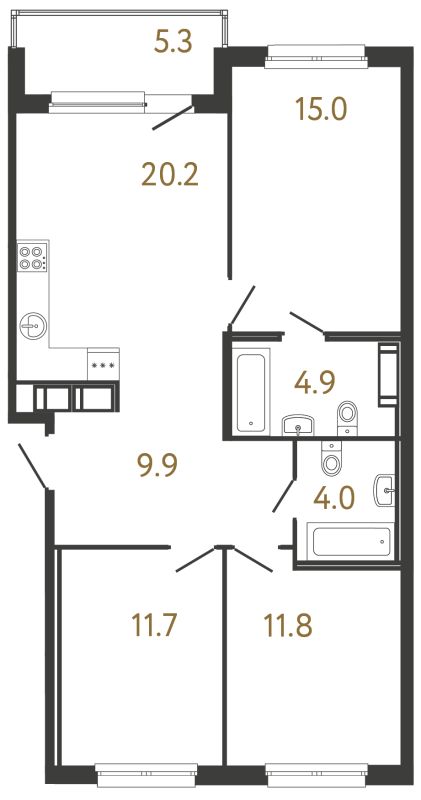 4-комнатная (Евро) квартира, 77.5 м² в ЖК "Передвижники" - планировка, фото №1