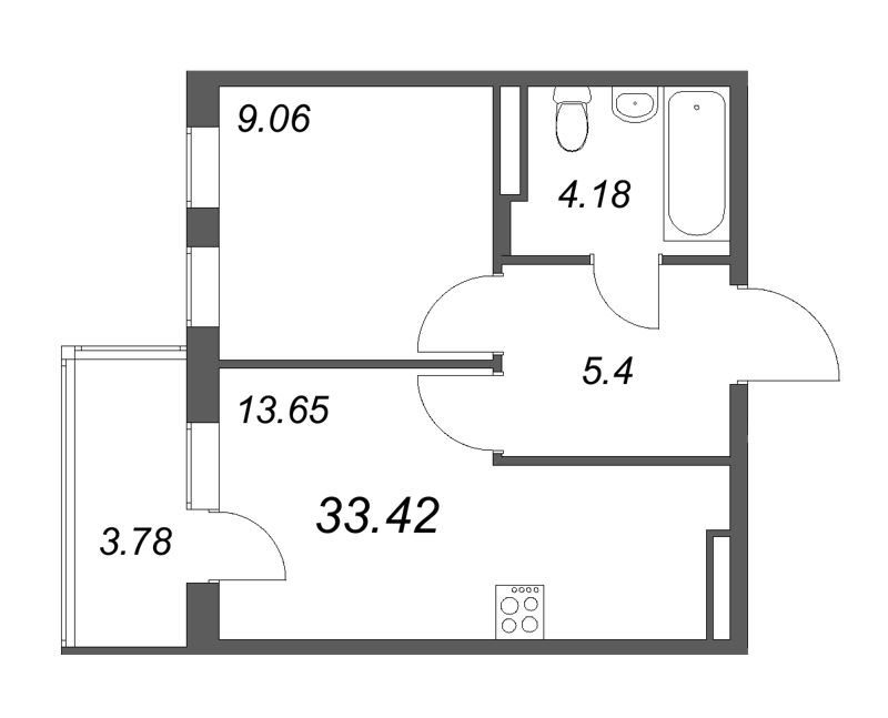 1-комнатная квартира, 33.42 м² в ЖК "Новая история" - планировка, фото №1