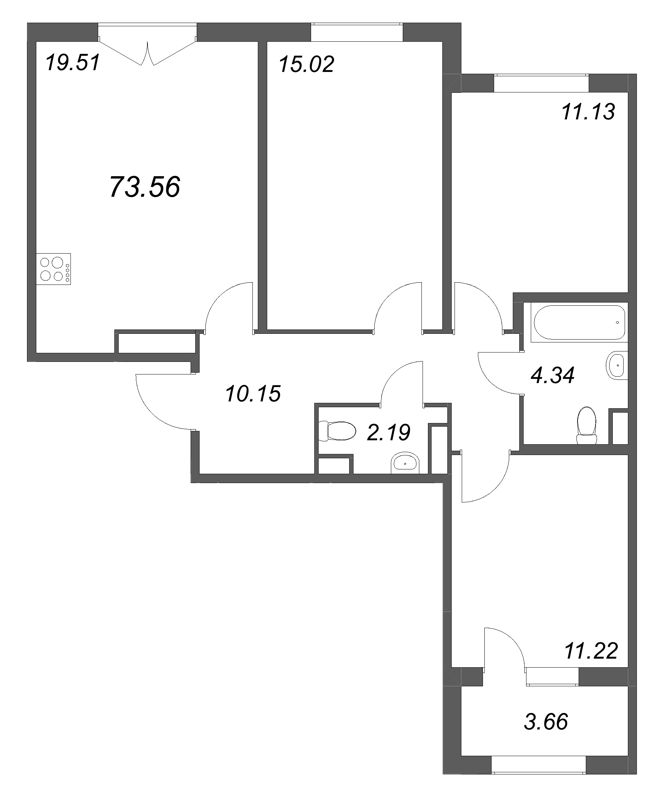4-комнатная (Евро) квартира, 73.56 м² в ЖК "Дубровский" - планировка, фото №1