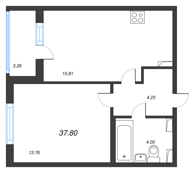 2-комнатная (Евро) квартира, 37.8 м² в ЖК "Любоград" - планировка, фото №1