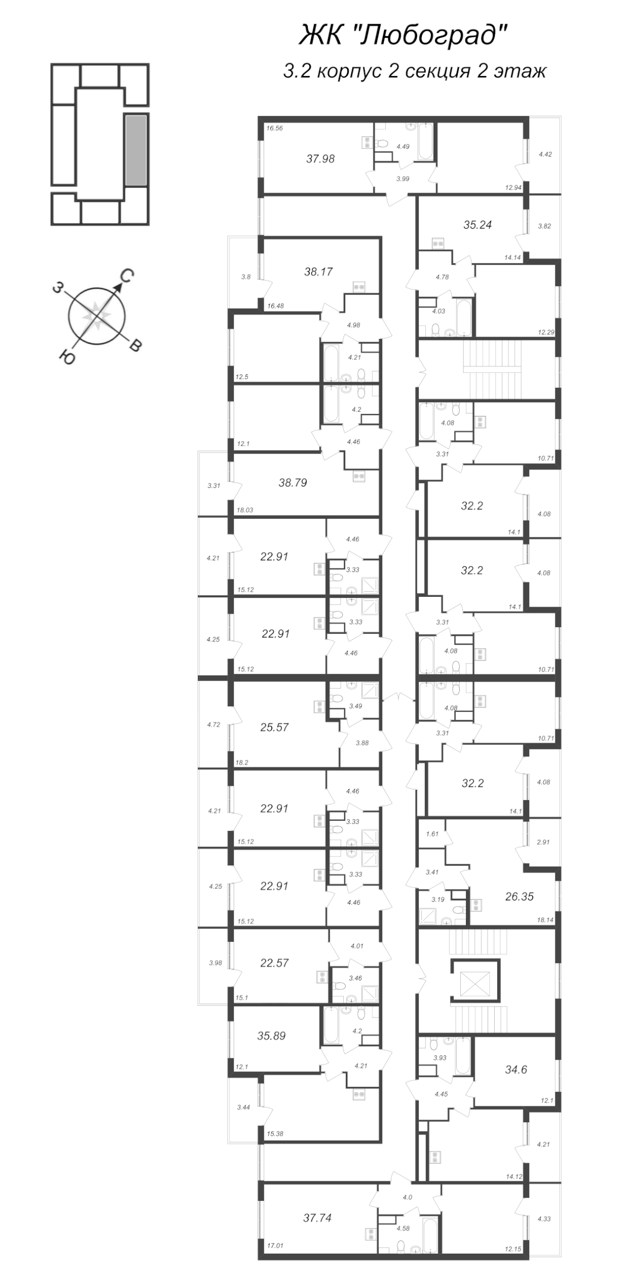 2-комнатная (Евро) квартира, 35.89 м² - планировка этажа