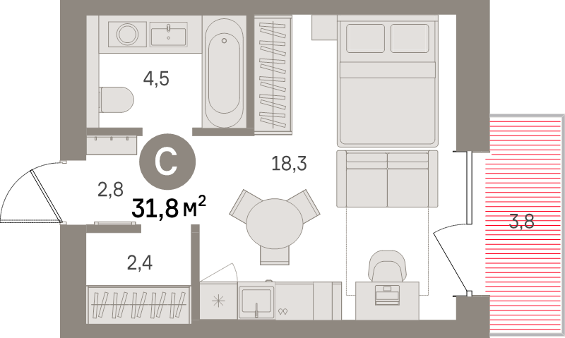 Квартира-студия, 31.8 м² в ЖК "Северный ветер" - планировка, фото №1