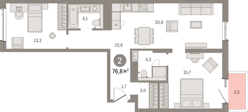 3-комнатная (Евро) квартира, 76.8 м² в ЖК "Северный ветер" - планировка, фото №1