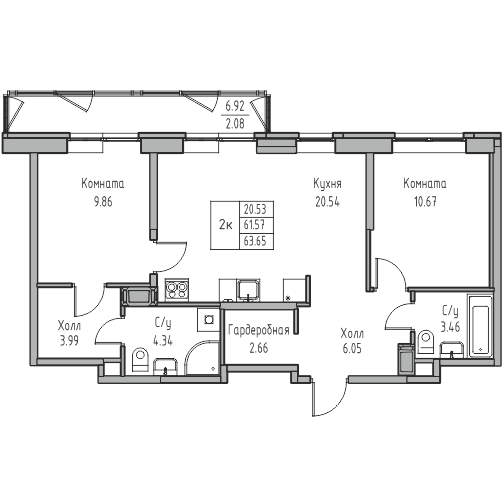 3-комнатная (Евро) квартира, 63.65 м² в ЖК "Юнтолово" - планировка, фото №1
