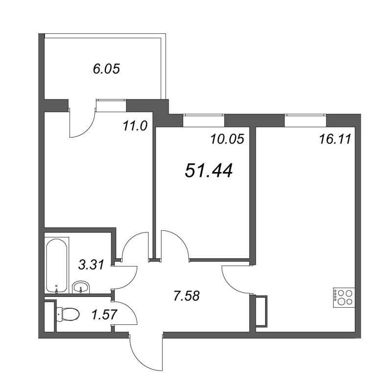 3-комнатная (Евро) квартира, 49.62 м² в ЖК "Юттери" - планировка, фото №1