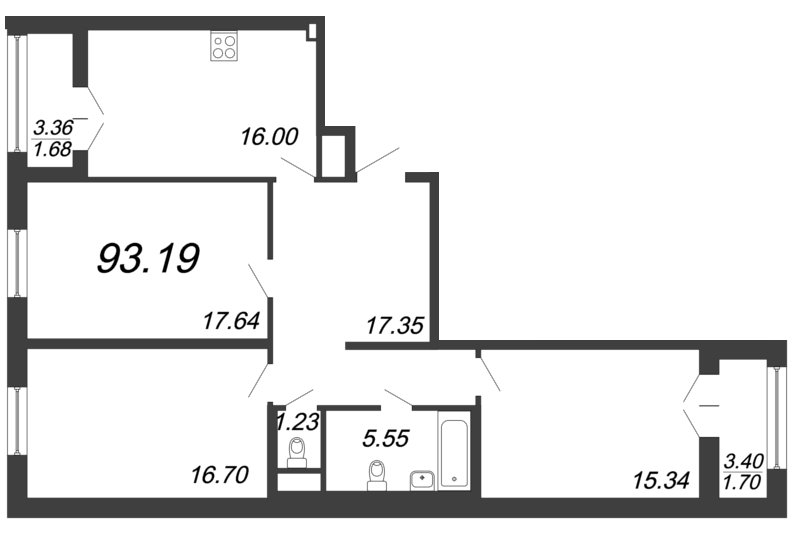 3-комнатная квартира, 93.19 м² - планировка, фото №1