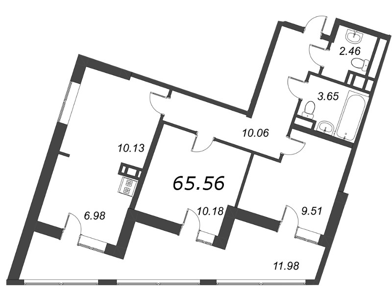 3-комнатная (Евро) квартира, 56.56 м² - планировка, фото №1