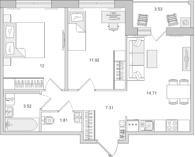 2-комнатная квартира, 54.8 м² в ЖК "Dreamline" - планировка, фото №1