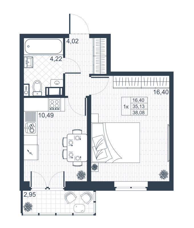1-комнатная квартира, 34.9 м² в ЖК "Ново-Антропшино" - планировка, фото №1