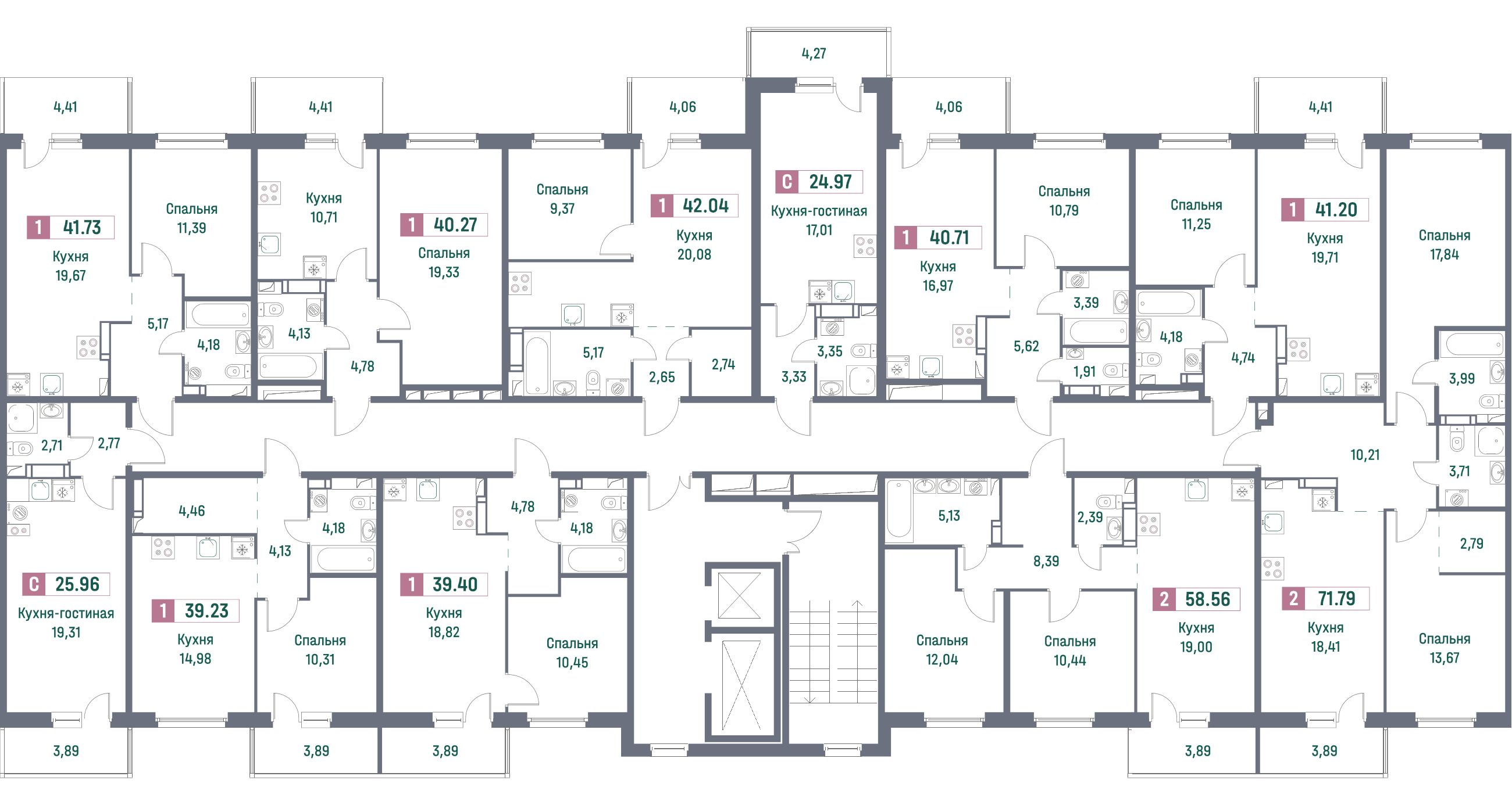 2-комнатная (Евро) квартира, 41.73 м² - планировка этажа