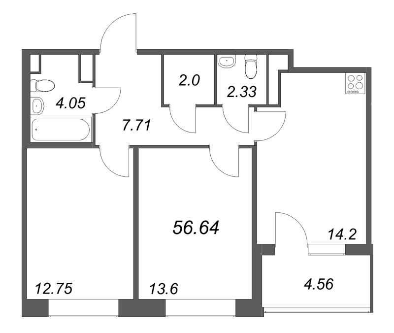 2-комнатная квартира, 56.64 м² в ЖК "Дом на Курской" - планировка, фото №1