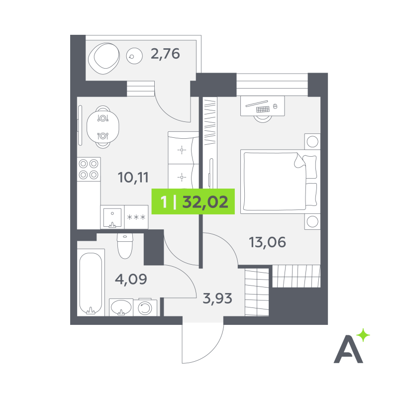 1-комнатная квартира, 32.02 м² в ЖК "Аквилон РекаПарк" - планировка, фото №1