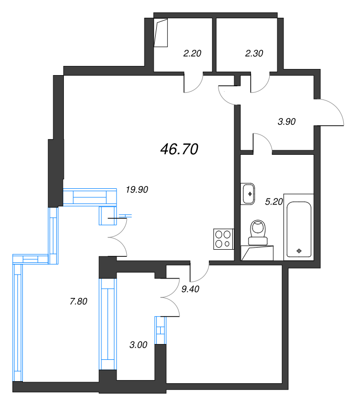 1-комнатная квартира, 46.7 м² - планировка, фото №1