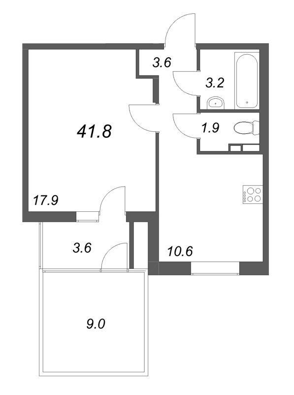 1-комнатная квартира, 41.8 м² в ЖК "Экография" - планировка, фото №1