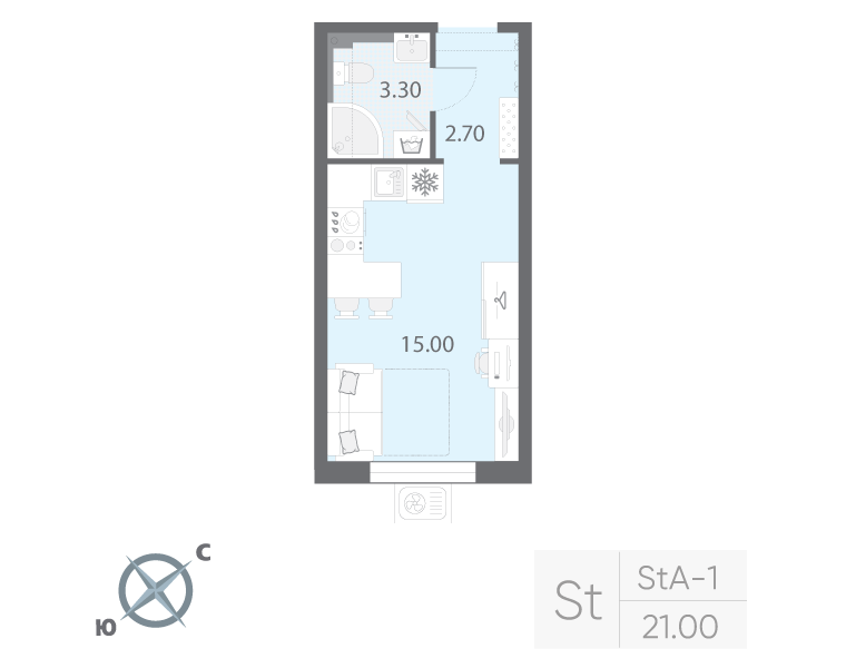 Квартира-студия, 21 м² в ЖК "Зеркальный ручей" - планировка, фото №1