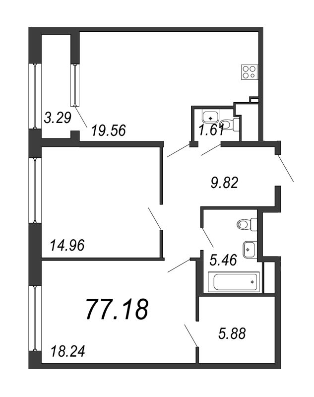 3-комнатная (Евро) квартира, 77.18 м² - планировка, фото №1