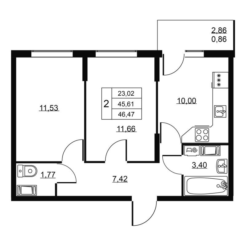2-комнатная квартира, 46.47 м² в ЖК "Пулковское, 34" - планировка, фото №1