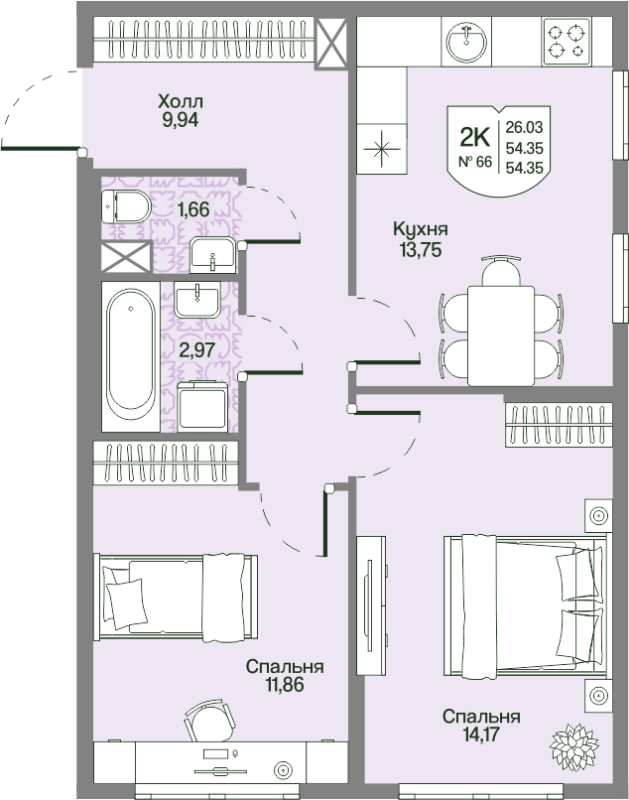 2-комнатная квартира, 54.35 м² в ЖК "Охтинские высоты" - планировка, фото №1