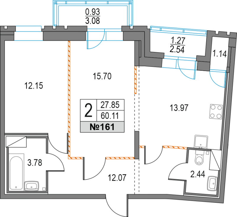 2-комнатная квартира, 60.11 м² - планировка, фото №1