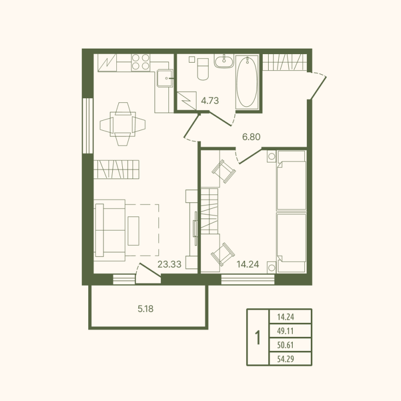 2-комнатная (Евро) квартира, 50.61 м² в ЖК "Рауни" - планировка, фото №1