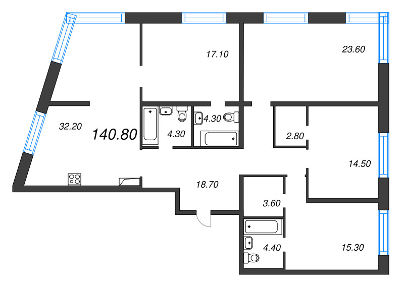 5-комнатная (Евро) квартира, 140.8 м² - планировка, фото №1