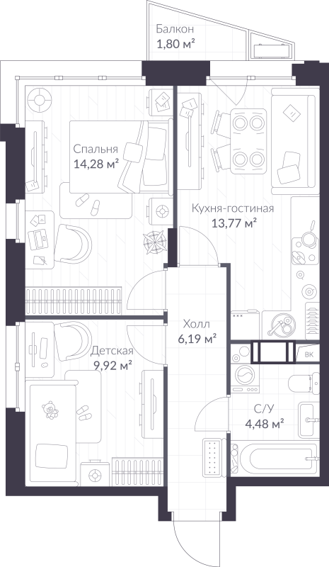 2-комнатная квартира, 49.18 м² в ЖК "VEREN NORT сертолово" - планировка, фото №1